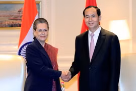 Chủ tịch nước Trần Đại Quang tiếp Nguyên Chủ tịch đảng Quốc đại Sonia Gandi. (Ảnh: Nhan Sáng/TTXVN)