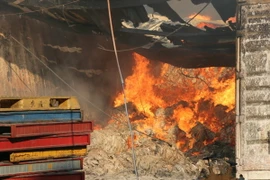 Hàng ngàn m2 nhà xưởng Công ty Dệt Hoành Thân Việt Nam bị lửa thiêu rụi. (Ảnh: Sỹ Tuyên/TTXVN)