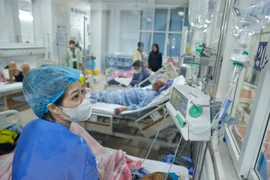 Điều dưỡng viên Thanh Bình chăm sóc bệnh nhân tại các buồng bệnh. (Ảnh: Minh Quyết/TTXVN)