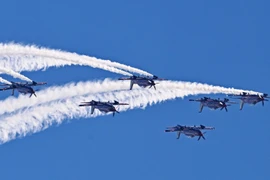 Đội nhào lộn trên không của Không quân Hoàng gia Australia diễn tập chuẩn bị cho Triển lãm Hàng không Singapore, ngày 18/2/2024. (Ảnh: THX/TTXVN)