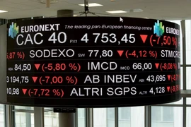 Bảng điện tử hiện thị chỉ số CAC 40 tại La Defense (Pháp). (Ảnh: AFP/TTXVN)