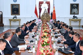 Tổng thống Indonesia Joko Widodo (thứ năm, phải) và Thủ tướng Trung Quốc Lý Cường (thứ năm, trái) tại cuộc hội đàm ở Jakarta, hồi tháng Chín năm ngoái. (Ảnh: THX/TTXVN)