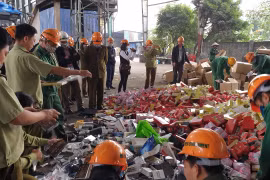 Lực lượng Quản lý thị trường Hà Nội tiến hành tiêu hủy 6 tấn hàng hóa vi phạm. (Ảnh: Đức Duy/Vietnam+)