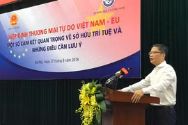 Bộ trưởng Trần Tuấn Anh phát biểu tại hội nghị phổ biến Hiệp định EVFTA. (Ảnh: Đức Duy/Vietnam+)