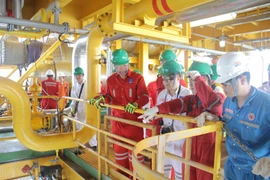 Lãnh đạo PVN kiểm tra công tác tại giàn PVDrilling VI cùng giàn khai thác CTC1-WHP. (Ảnh: Đức Duy/Vietnam+)