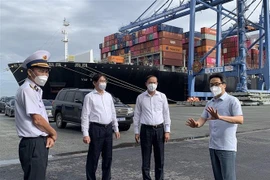 Phó Thủ tướng Chính phủ Vũ Đức Đam và đoàn công tác Trung ương kiểm tra tình hình phòng, chống dịch COVID-19 tại Cảng Quốc tế Tân Cảng-Cái Mép (TCIT). (Ảnh: Hoàng Nhị/TTXVN)