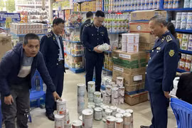 Lực lượng chức năng kiểm tra hàng hóa có dấu hiệu vi phạm. (Ảnh: PV/Vietnam+)