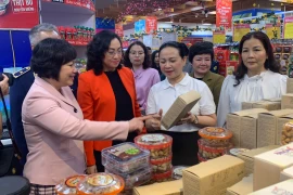 Thứ trưởng Bộ Công Thương Phan Thị Thắng kiểm tra công tác đảm bảo hàng Tết tại Hà Nội. (Ảnh: Đức Duy/Vietnam+)