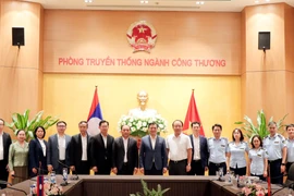 Thứ trưởng Bộ Công Thương Nguyễn Sinh Nhật Tân làm việc với Đoàn công tác của Bộ Công Thương Lào do Thứ trưởng Bountheung Douangsavanh làm Trưởng đoàn. (Ảnh: PV/Vietnam+)