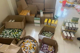 Một số sản phẩm có dấu hiệu là hàng giả bị lực lượng chức năng phát hiện tại cơ sở trên. (Ảnh: PV/Vietnam+)