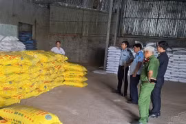 Lực lượng liên ngành tỉnh An Giang kiểm tra phân bón tại kho hàng của một doanh nghiệp trên địa bàn. (Ảnh: PV/Vietnam+)