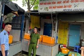 Lực lượng Quản lý Thị trường phối hợp với Công an Hà Nội kiểm tra thực phẩm. (Ảnh: PV/Vietnam+)
