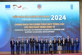 Các đại biểu chụp ảnh chung chúc mừng Diễn đàn Tài chính Việt Nam năm 2024. (Ảnh: Thanh Vân/TTXVN)