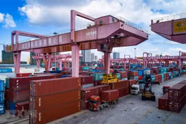 Hàng hóa được xếp tại cảng ở Vũ Hán, tỉnh Hồ Bắc, Trung Quốc. (Ảnh: THX/TTXVN)
