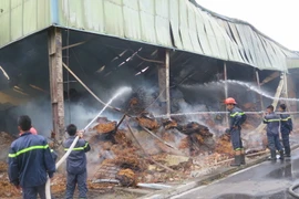 Lực lượng Cảnh sát phòng cháy chữa cháy Công an tỉnh Bắc Ninh tích cực khống chế đám cháy. (Ảnh: Thái Hùng/TTXVN)