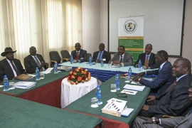 Tổng thống Nam Sudan Salva Kiir (trái) và thủ lĩnh quân nổi dậy Riek Machar (phải) tại vòng đàm phán hòa bình ở Addis Ababa, Ethiopia ngày 3/7. (Nguồn: AFP/TTXVN)