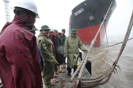 Lãnh đạo tỉnh Quảng Trị kiểm tra công tác neo đậu tàu thuyền tại âu cảng Cửa Việt. (Ảnh: Thanh Thủy/TTXVN)