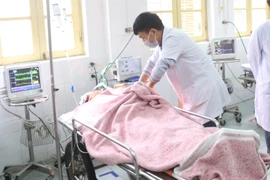 Bác sỹ Bệnh viện Đa khoa tỉnh Hà Nam khẩn trương cấp cứu nạn nhân bị tai nạn giao thông. (Ảnh: Nguyễn Chinh/TTXVN)