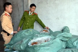 Lực lượng chức năng phát hiện và bắt giữ vụ vận chuyển 1,3 tấn lòng lợn không rõ nguồn gốc. (Ảnh: Nguyễn Hoàng/TTXVN)