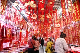 Người dân chọn mua đồ trang trí đón Tết Nguyên đán tại tỉnh Liêu Ninh, Trung Quốc, ngày 11/1. (Ảnh: THX/TTXVN)