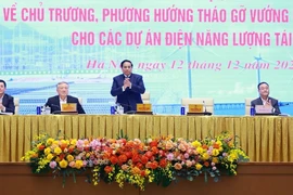 Thủ tướng Phạm Minh Chính dự hội nghị tháo gỡ khó khăn cho các dự án năng lượng tái tạo. (Ảnh: Dương Giang/TTXVN)