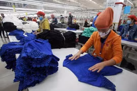 Sản xuất hàng xuất khẩu tại Công ty TNHH may Tinh Lợi, Khu Công nghiệp Nam Sách (Hải Dương). (Ảnh: Trần Việt/TTXVN)