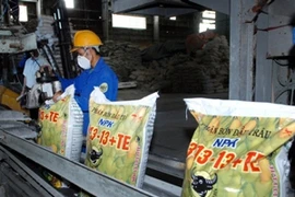 Đóng gói sản phẩm phân bón NPK tại nhà máy. (Ảnh: Danh Lam/TTXVN)