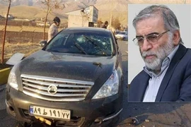 Chiếc xe (trái) của nhà khoa học hạt nhân Iran Mohsen Fakhrizadeh (phải) bị phá hủy trong một vụ tấn công vũ trang ở thành phố Absard, gần Tehran. (Ảnh: IRNA/TTXVN)