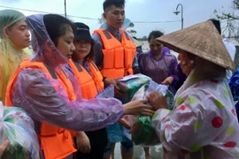 Các thành viên trong đoàn phát quà cho người dân. (Nguồn: Vietnam+)