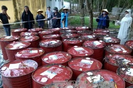 Thùng phuy hóa chất của Nicotex Thành Thái mà người dân đào được (Ảnh: Trinh Duy Hưng/TTXVN)