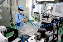 Dây chuyền sản xuất linh kiện cho các sản phẩm điện tử tại Công ty TNHH INOAC Viet Nam (vốn đầu tư của Nhật Bản), tại Khu công nghiệp Quang Minh của Hà Nội. (Ảnh: Danh Lam/TTXVN)