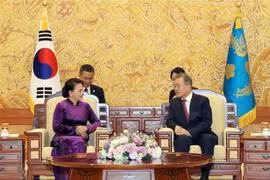 Chủ tịch Quốc hội Nguyễn Thị Kim Ngân hội kiến Tổng thống Hàn Quốc Moon Jae-in. (Ảnh: Trọng Đức/TTXVN)
