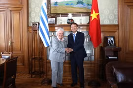 Phó Tổng thống Uruguay Lucía Topolansky và Thứ trưởng Bộ Công thương Đỗ Thắng Hải. (Ảnh: Hoài Nam/Vietnam+)