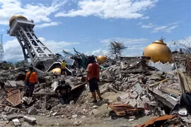 Cảnh đổ nát sau vụ động đất và sóng thần tại Balaroa, Palu, Trung Sulawesi của Indonesia. (Ảnh: THX/TTXVN)