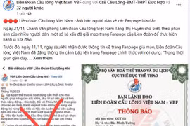 Thông tin cảnh báo trên Fanpage của Liên đoàn Cầu lông Việt Nam.