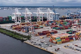 Bốc dỡ hàng tại cảng container ở Baltimore, Maryland (Mỹ). (Nguồn: AFP/TTXVN)
