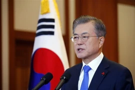 Tổng thống Hàn Quốc Moon Jae-in trong cuộc họp báo tại Seoul ngày 10/1. (Nguồn: Yonhap/TTXVN)