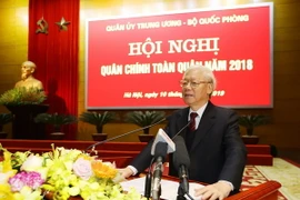 Tổng Bí thư, Chủ tịch nước Nguyễn Phú Trọng, Bí thư Quân ủy Trung ương phát biểu chỉ đạo Hội nghị. (Ảnh: Trí Dũng/TTXVN)