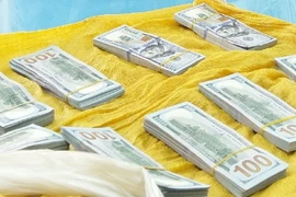 Số ngoại tệ vận chuyển trái phép bị lực lượng chức năng thu giữ. (Ảnh: Công Mạo/TTXVN)