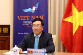 Phó Thủ tướng, Bộ trưởng Bộ Ngoại giao Phạm Bình Minh dự phiên Thảo luận mở trực tuyến của Hội đồng Bảo an Liên hợp quốc. (Ảnh: Lâm Khánh/TTXVN)