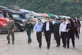 Bộ trưởng Nguyễn Xuân Cường cùng đoàn công tác kiểm tra thực địa tình hình xuất nhập khẩu hàng hóa tại cửa khẩu quốc tế Hữu Nghị, Lạng Sơn. (Ảnh: Quang Duy/TTXVN)
