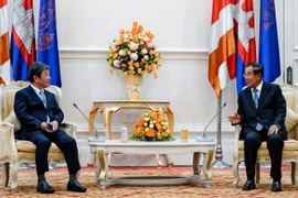 Thủ tướng Campuchia Samdech Techo Hun Sen tiếp Bộ trưởng Ngoại giao Nhật Bản Toshimitsu Motegi tại Phnom Penh ngày 22/8/2020. (Nguồn: Bộ Ngoại giao Nhật Bản)