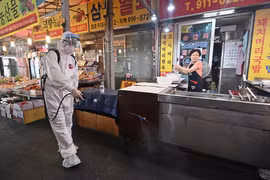 Phun thuốc khử trùng nhằm ngăn chặn sự lây lan của dịch COVID-19 tại một khu chợ ở Seoul, Hàn Quốc ngày 18/8/2020. (Ảnh: AFP/TTXVN)
