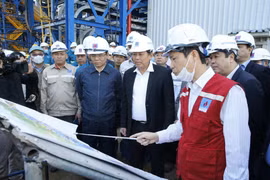 Phó Thủ tướng Thường trực Chính phủ Trương Hòa Bình nghe báo cáo về tiến độ hoàn thành thực hiện Dự án Nhà máy nhiệt điện Thái Bình 2. (Ảnh: Doãn Tấn/TTXVN)