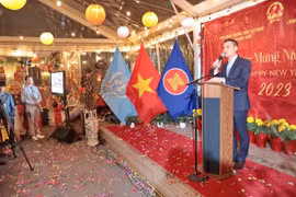 Đại sứ Đặng Hoàng Giang, Trưởng Phái đoàn Thường trực Việt Nam tại Liên hợp quốc chúc Tết bà con người Việt. (Ảnh: Thanh Tuấn/TTXVN)