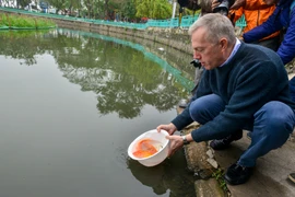 Năm 2016, Ngài Ted Osius cũng đã vinh dự được thả cá chép tại Kinh thành Huế trong dịp đạp xe xuyên Việt của mình. (Ảnh: Minh Sơn/Vietnam+)