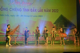 Tiết mục Độc tấu đàn T’rưng bài Đuổi chim ăn lúa của huyện Cư M’Gar. (Ảnh: Hoài Thu/TTXVN)