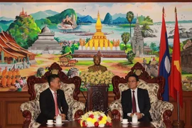 Đoàn Tổng lãnh sự quán Việt Nam tại Pakse chúc mừng Quốc khánh Lào tại tỉnh Champasak. (Ảnh Đỗ Bá Thành/TTXVN)