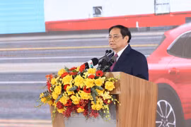 Thủ tướng Phạm Minh Chính phát biểu tai lễ xuất xe ôtô điện Vinfast sang thị trường Hoa Kỳ. (Ảnh: Dương Giang/TTXVN)
