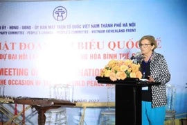 Bà Ilda Figuereido, thành viên Ban Chấp hành Hội đồng Hòa bình thế giới, Chủ tịch Hội đồng Hòa bình Hợp tác Bồ Đào Nha phát biểu tại buổi gặp gỡ. (Ảnh: Nguyễn Cúc/TTXVN)